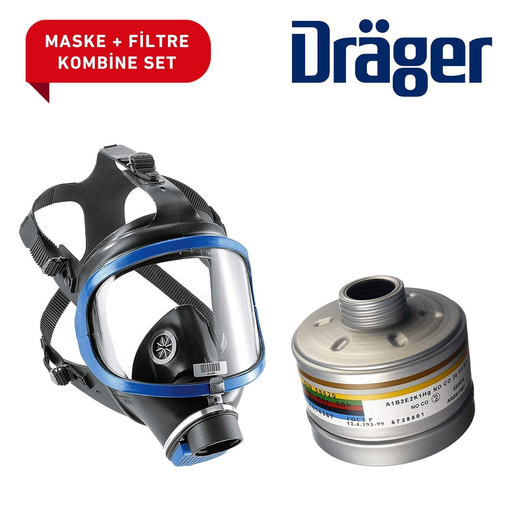 Drager 6300 Tam Yüz Maskesi Ve A1B2E2K1 HG CO NO P3 Filtre D Seti